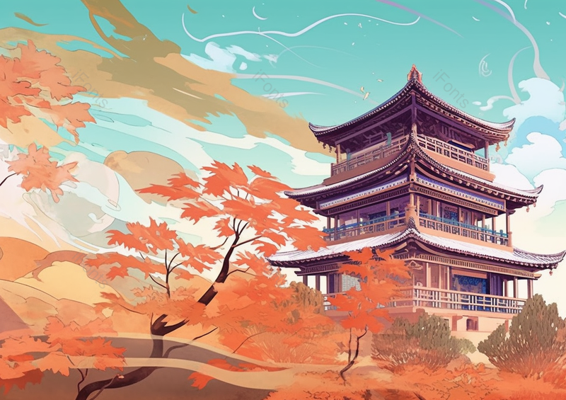 中国风国潮新中式秋季时节古风建筑树木枫树树叶室外无人的场景背景插画,插画/手绘图,插画/手绘图库,插画/手绘图下载,插画/手绘